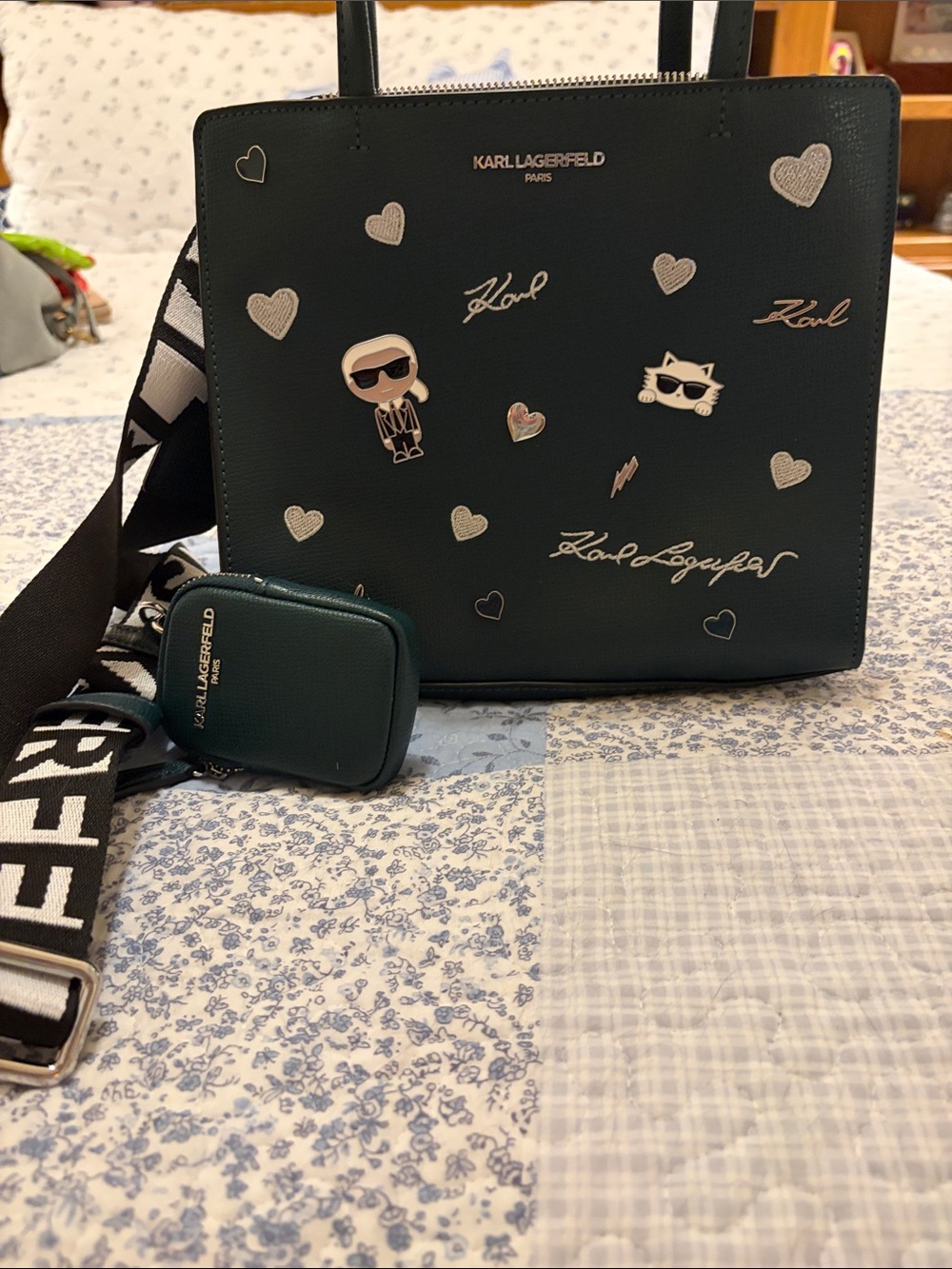 Karl Lagerfeld Dark Green Embellished Tote with Logo Strap and Pouch